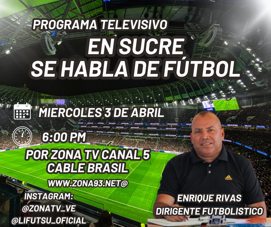 enriquerivas417's tweet photo. Enrique Rivas, Dirigente Futbolístico del Edo Sucre iniciará el día miércoles 3/4/24 un Programa que se llamará "EN SUCRE SE HABLA DE DE FUTBOL" dónde se estarán hablando del Futbol Regional, Nacional y Internacional https://t.co/LPqPkQaQdG