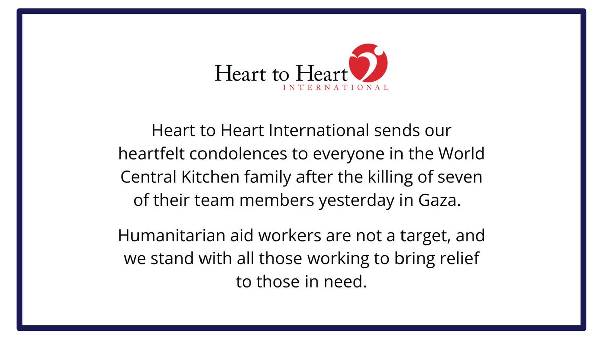 'HHI sends our heartfelt condolences to everyone in the @WCKitchen family after the killing of 7 of their team members yesterday in Gaza. Humanitarian aid workers are not a target, and we stand with all those working to bring relief to those in need.' - Kim Carroll, HHI CEO