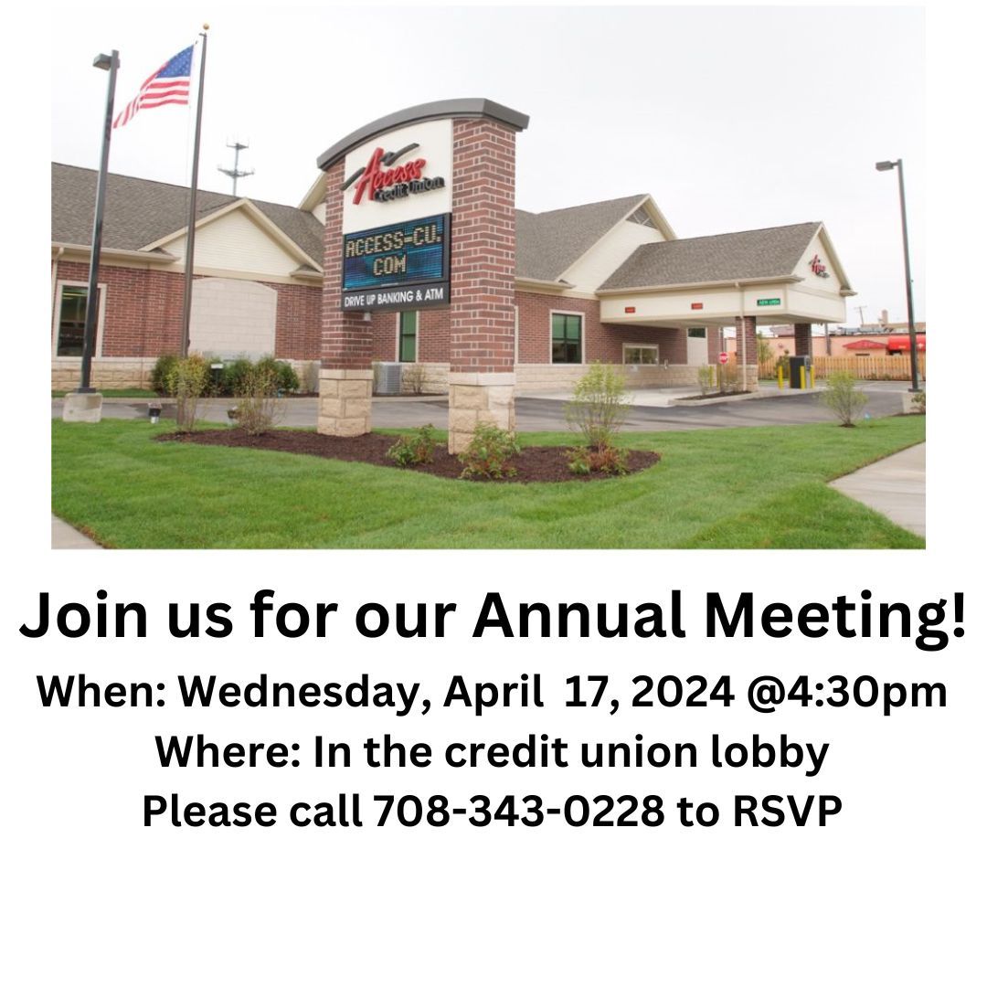 AccessCreditU's tweet photo. Save the date! Join us for the annual meeting on 04/17/2024. Mark your calendars and get ready for an insightful event. #AnnualMeeting #2024Meeting #accesscreditunion #broadviewil https://t.co/rY7t3zioJk