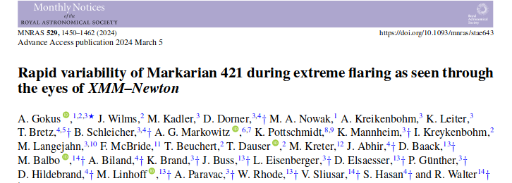 andreagokus's tweet image. #PaperDay! My analysis of the #blazar Markarian 421 during an extremely bright X-ray flare in 2019 is published - technically overdue since I already worked on the data during my PhD 😅

Here's my brief synopsis, full publication at
doi.org/10.1093/mnras/…
by #MNRAS @RAS_Journals