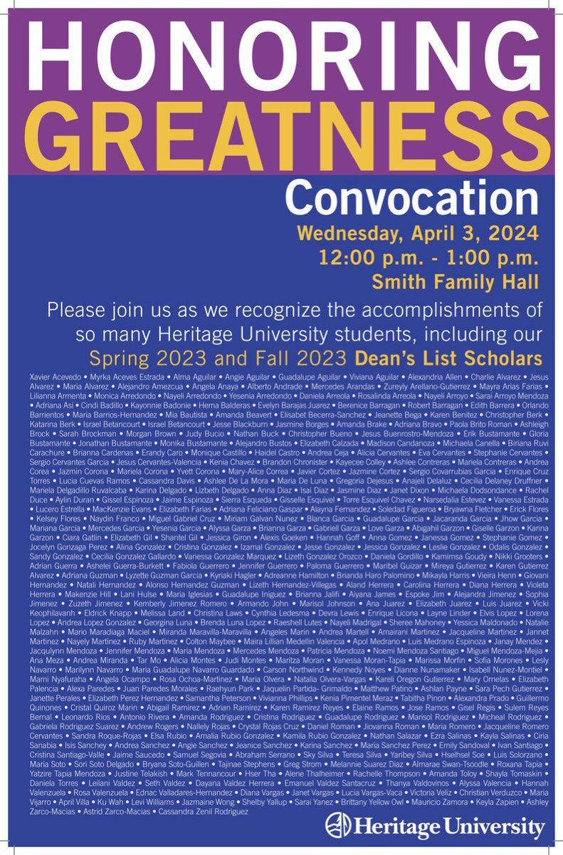 Heritage University will celebrate the accomplishments of many students, including Spring 2023 and Fall 2023 Dean's List Scholars, during the annual Convocation on April 3, 2024. Convocation will be held in Smith Family Hall at noon and is open to the public. Congrats, Eagles!