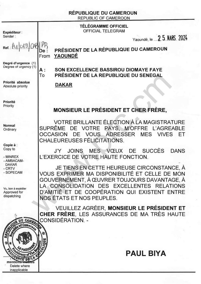 TheCameroonianZ's tweet photo. Message de félicitations du Président Paul Biya à Son Excellence Bassirou Diomaye Faye, Président de la République du #Sénégal. https://t.co/DplehIJaiz
