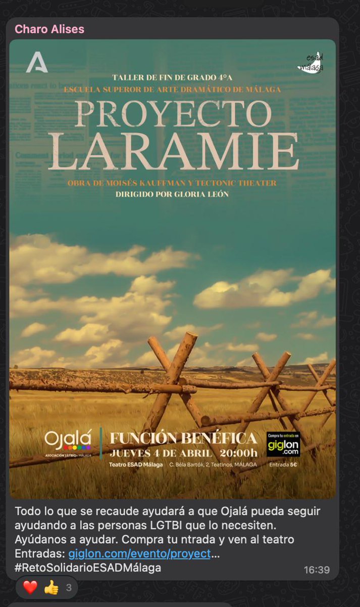 Todo lo que se recaude ayudará a que Ojalá pueda seguir ayudando a las personas LGTBI que lo necesiten.  Ayúdanos a ayudar. Compra tu ntrada y ven al teatro
Entradas: giglon.com/evento/proyect…
#RetoSolidarioESADMálaga <a href="/viborillapicara/">charo alises</a> #Málaga <a href="/DeLgtbi/">Coro LGTBI de Torremolinos 🏳️‍🌈</a> <a href="/AdrianoAntinoo/">Adriano Antinoo LGTBI</a> <a href="/FELGTBI/">Federación Estatal LGTBI+</a>