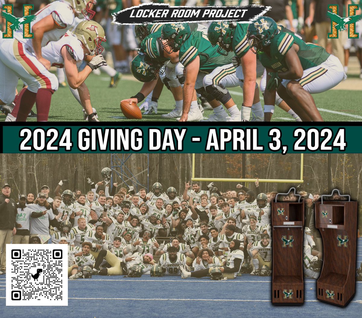 Husson Giving Day is Tomorrow, April 3rd! L We are currently $35k away from our goal of over $100k and your gift will help the Football program achieve that goal. Any donor who gives $500 and above will also have the opportunity to name a locker! #HussonGuys 🏈🦅