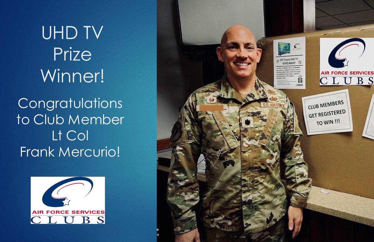 Congratulations to Pittsburgh ARS Club Member Lt Col Frank Mercurio! He won a 55” UHD TV to watch the championship games this weekend! Join your Air Force Club today & you’ll instantly earn FREE meals & qualify for prize giveaways. myairforcelife.com/club-membershi…