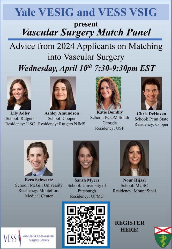 Calling all @FutureVascSurgn 🩸, please join us and the Yale VESIG for the annual Vascular Surgery Match Panel on April 10th @ 7:30pm EST. Register here: docs.google.com/forms/d/e/1FAI…