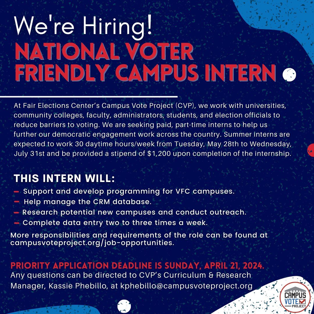 Campus Vote Project is hiring summer interns! We're looking for students to join the following CVP teams: ⭐️ Curriculum & Research ⭐️ Programming ⭐️ Communications ⭐️ Voter Friendly Campus Head to campusvoteproject.org/job-opportunit… for more information and apply today!