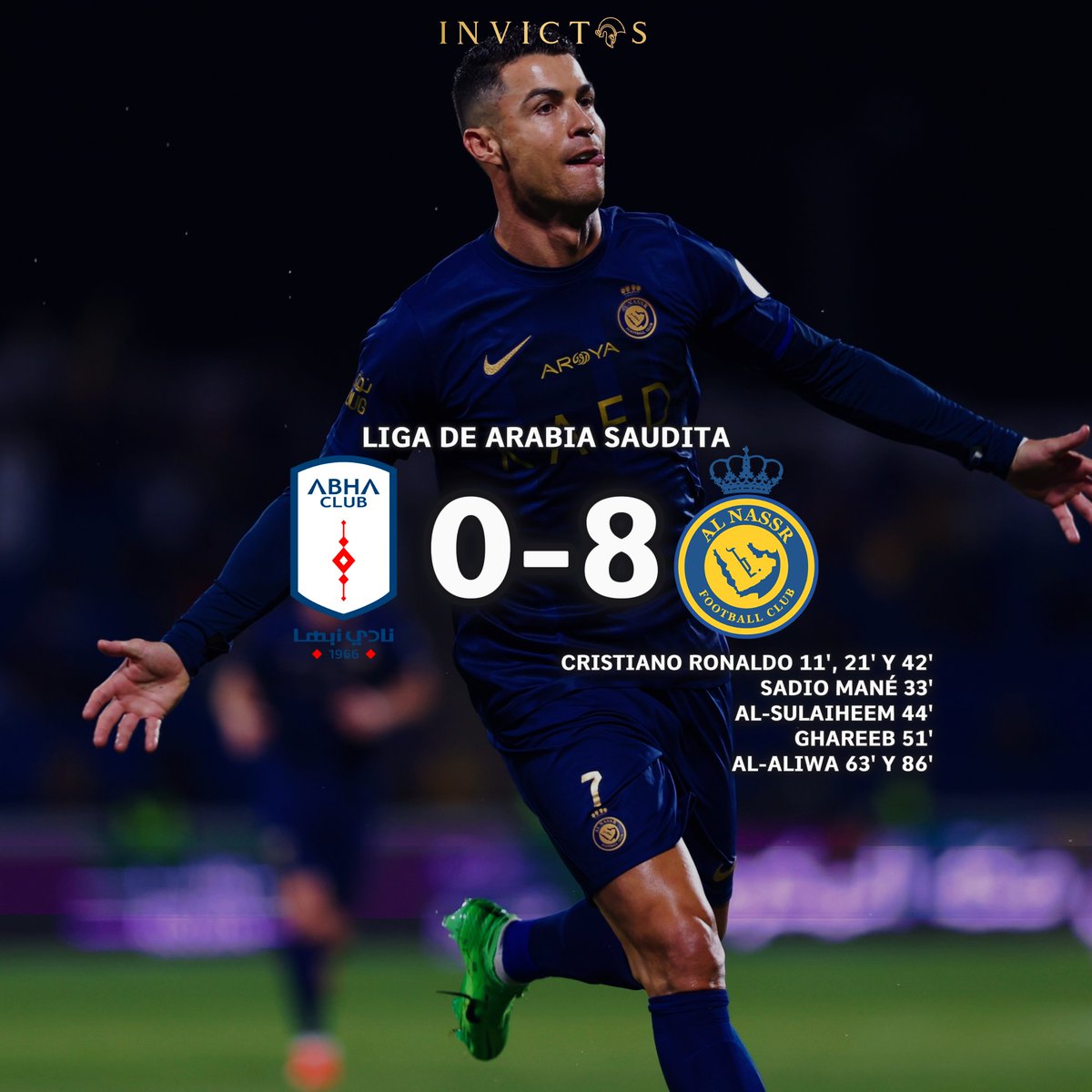 ¡¡EL BICHO LIDERÓ UNA GOLEADA DE ESCÁNDALO!!

RESULTADO. Abha 0-8 Al Nassr. 

Con hat-trick y participación en 5 de 5 goles mientras estuvo en la cancha (solo jugó 45 minutos), Cristiano Ronaldo comandó la escandalosa victoria del Al Nassr ante Abha. Luce complicado que puedan