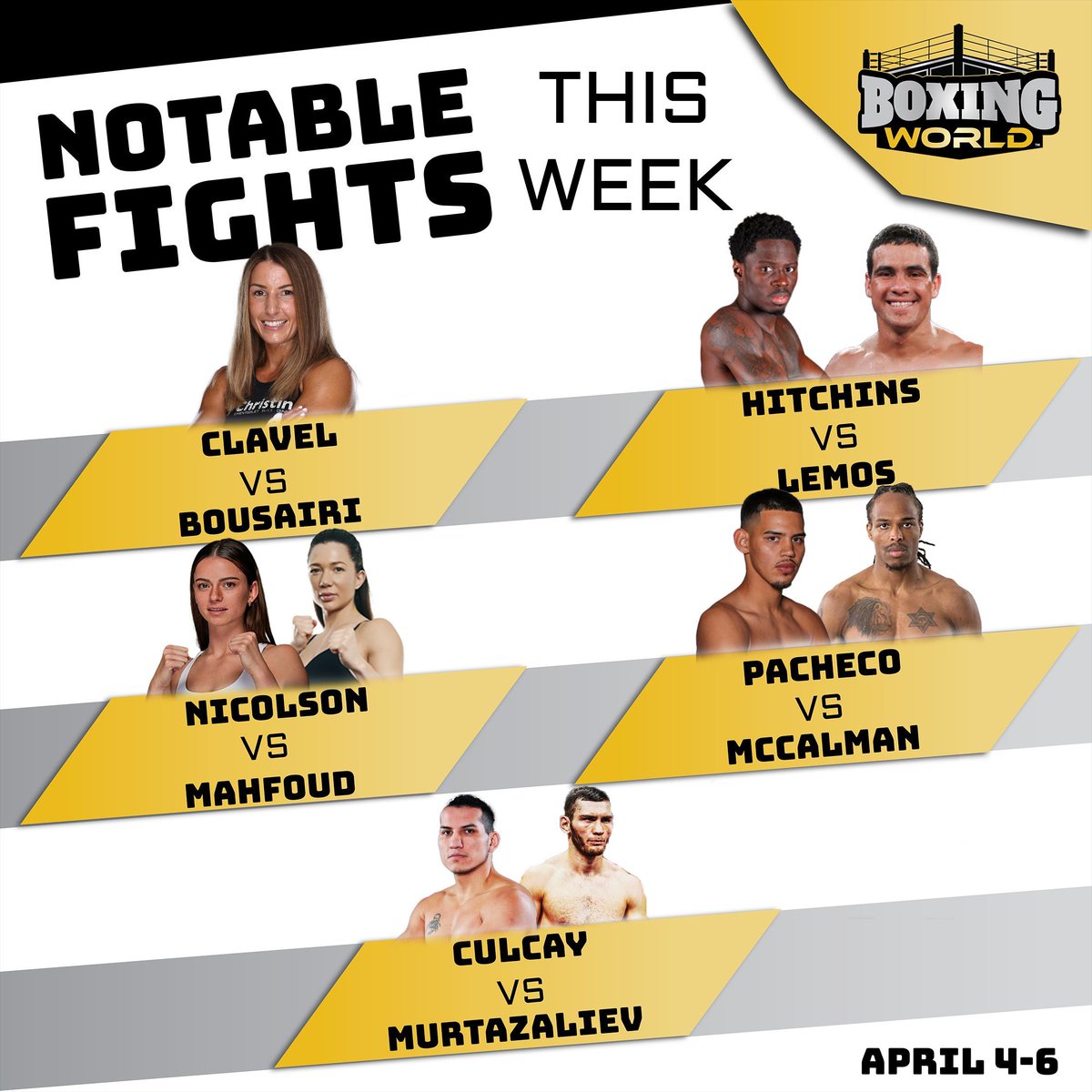 FIGHTS TO WATCH! 🥊 

- Former world champion returns
- Hitchins toughest test
- Featherweight world title fight
- Top 5 super middleweight in action
- Super welterweight title fight

Who you got?!

#HitchinsLemos #NicolsonMahfoud #boxing