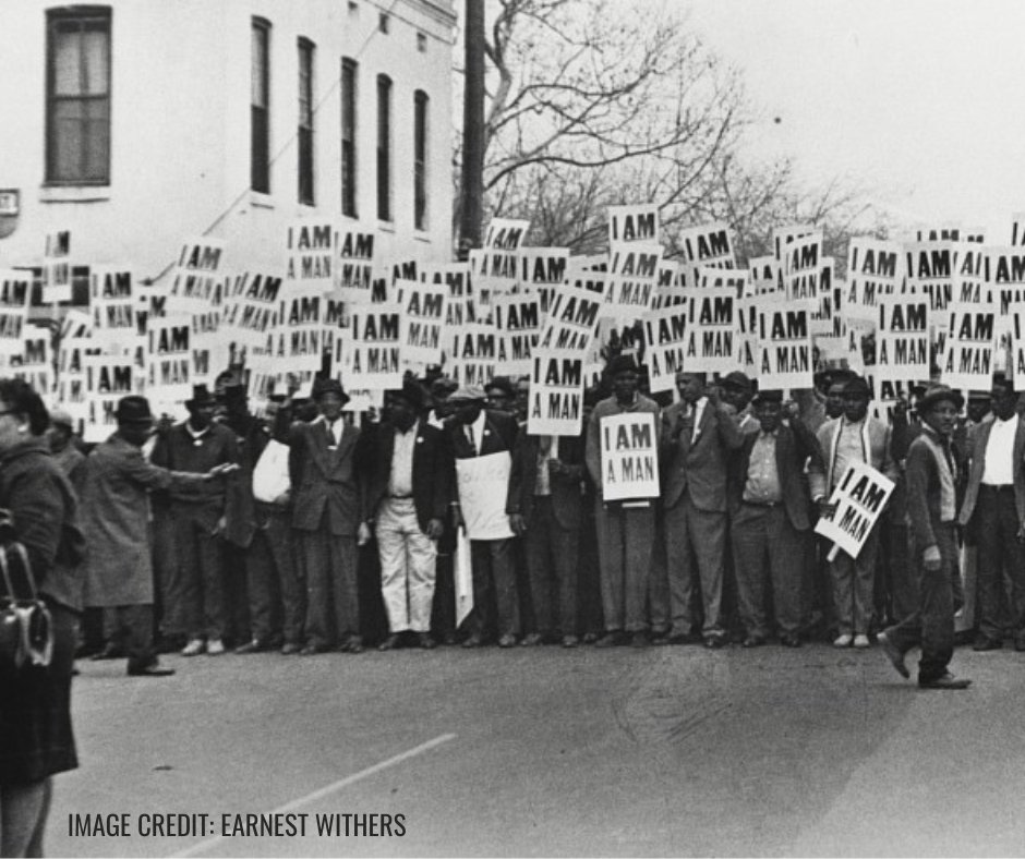 The Memphis Sanitation Workers Strike of 1968 played an important role in bringing national attention to the plight of underpaid Black Americans. Protesters marched wearing “I Am A Man” signs, demanding that they be treated with dignity. #RememberingMLK