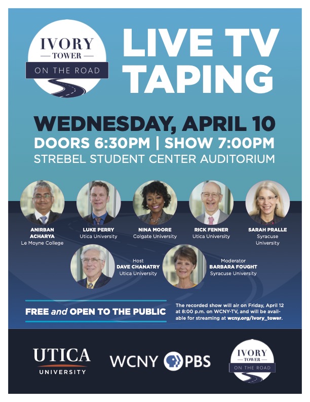 SAVE THE DATE: Next Wednesday, April 10, Utica University will host a live-to-tape episode recording of <a href="/WCNYPBS/">WCNY</a> “𝗜𝘃𝗼𝗿𝘆 𝗧𝗼𝘄𝗲𝗿 𝗢𝗻 𝘁𝗵𝗲 𝗥𝗼𝗮𝗱.” 📺 

Don't miss the opportunity to watch the show in real time and meet the panelists! #IvoryTower