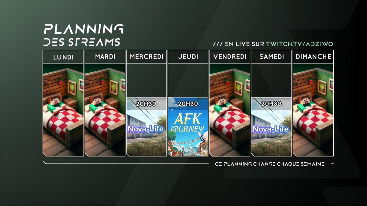Adziwo_'s tweet photo. 🟣 Planning des streams de cette semaine : 
→ https://t.co/Qx01k8jxIr 
#twitch #stream  #novalife #AFKJourney https://t.co/MyOMzEweav
