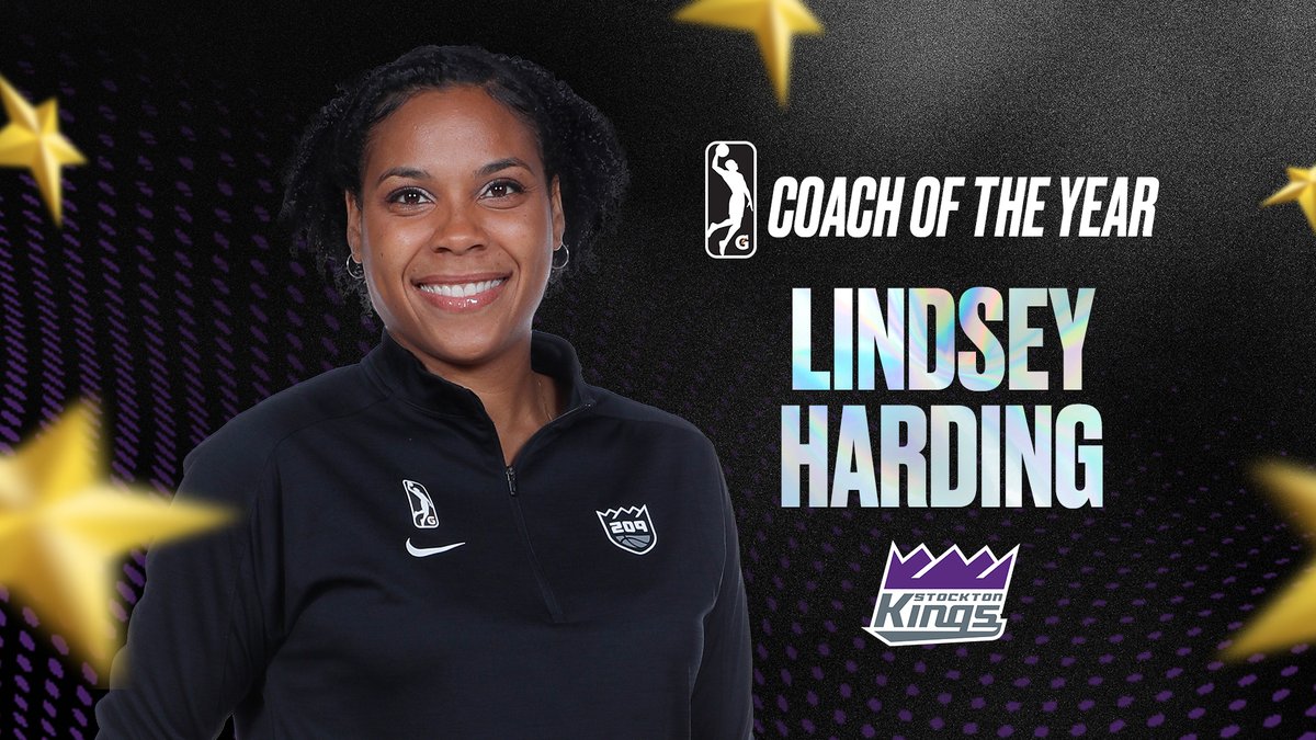 NBAPR's tweet image. Stockton Kings head coach Lindsey Harding has been named the 2023-24 NBA G League Coach of the Year in a vote by NBA G League head coaches and general managers. Harding is the first woman to win the Coach of the Year award in the NBA G League.

Harding will receive the Dennis