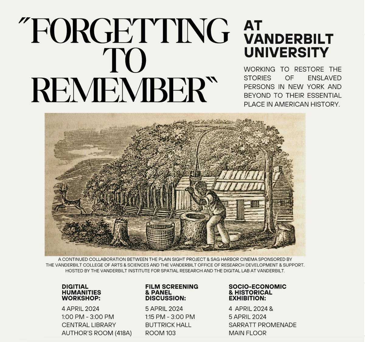 The Vanderbilt Institute for Spatial Research is partnering with the Forgetting to Remember project to hold a two-day conference Apr. 4-5 including a workshop, film discussion, and exhibition. Learn more: ow.ly/u8KH50R6I2l #ForgettingtoRememberProject #VISR