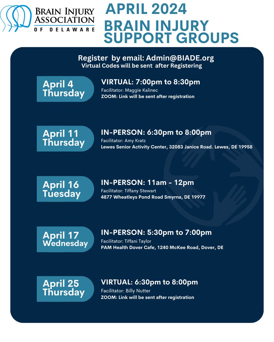 BIADE's tweet image. Hello &amp;amp; Happy Tuesday! 🌟

April is here 🎉 and with it comes a fresh start and new opportunities.

Don't forget to save the dates for our support groups this month! 🗓️

#BrainInjurySupport #BrainInjurySurvivors #CaregiverSupport #CommunitySupport #SupportGroups 🌷