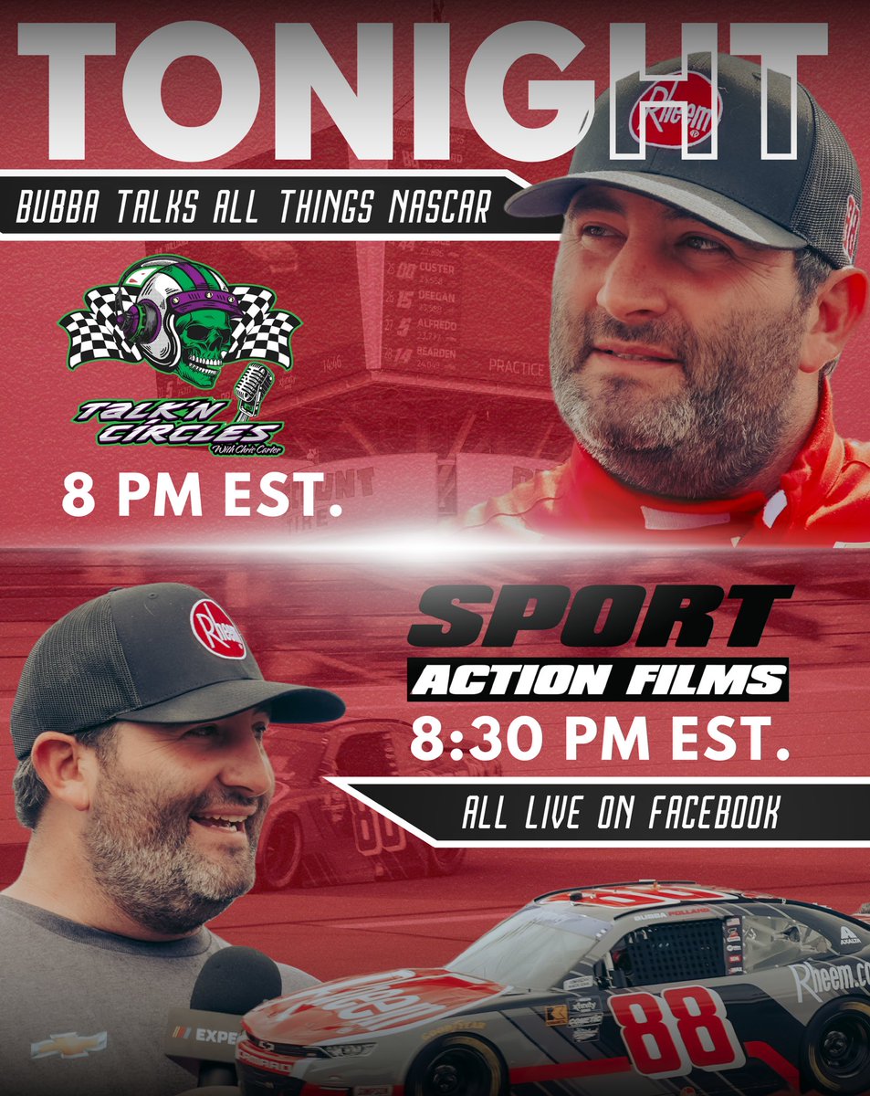 Tonight I’ll be talking all things NASCAR. Tune-in tonight LIVE on Facebook: 8 PM : Talk’n Circles with Chris Carter 8:30 PM : Sport Action Films