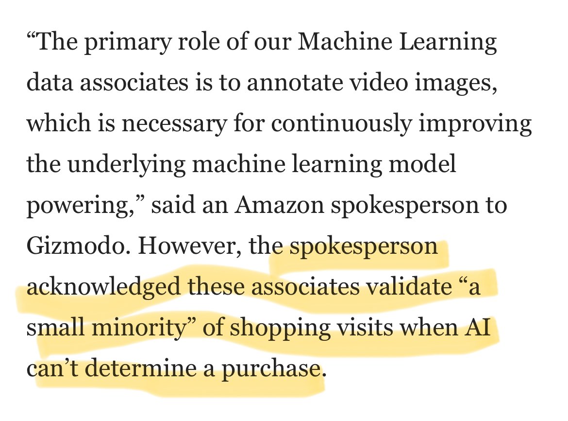 🤖 How did I miss this?
- #AmazonFresh is quietly withdrawing Just Walk Out from many of its US shops
- 70% of JWO visits require one of a *thousand* human operators in India to verify and calculate the purchase
Frictionless too good to be true? It was. 🤦‍♂️
gizmodo.com/amazon-reporte…