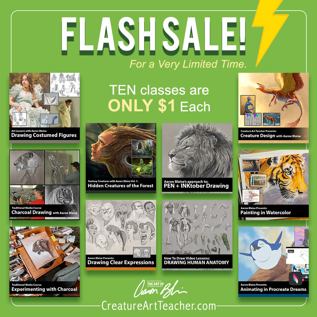 🎉 FLASH SALE! Our biggest of the year! 🌈 TEN classes on Animation, Digital Art, & Traditional Media just $1 EACH! Go at your own pace, keep forever. 🎨 Dive in & explore your passion. Spread the word & start learning today! 🔗 creatureartteacher.com/product-catego… #Animation