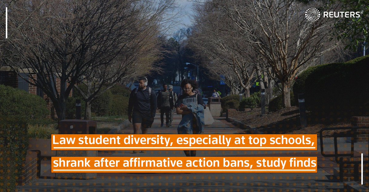 Racial diversity among law students declined by as much as 17% in the wake of state affirmative action bans over the past 28 years, a new study has found, with a reduction of up to 47% at top law schools reut.rs/4cUeknB 1/5