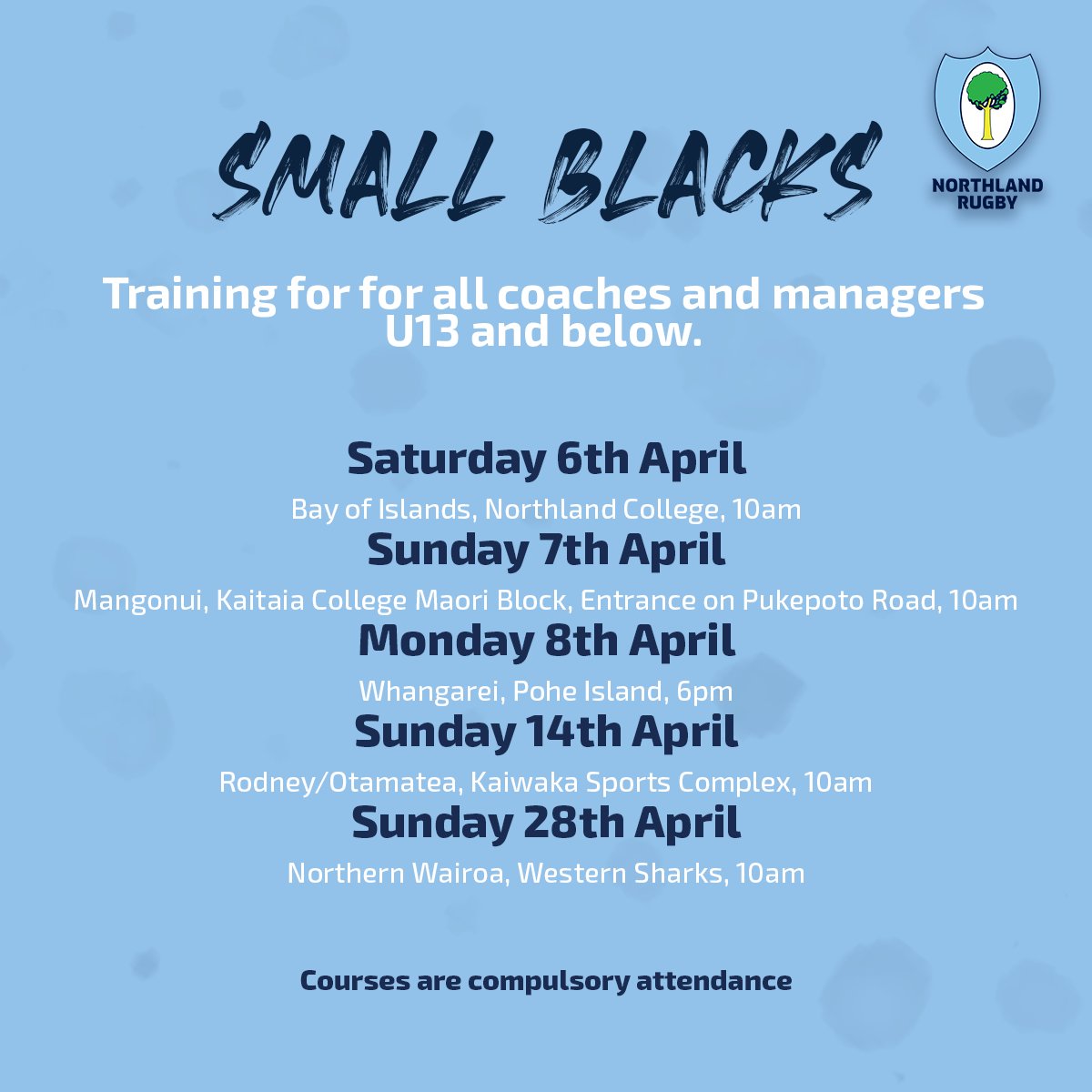 A reminder that Small Blacks courses will be starting this Saturday 6th April. This is a compulsory course for all coaches and managers U13 and below. Still need to register as a coach or volunteer? Find your club and register here 👉 bit.ly/3PLnB7g