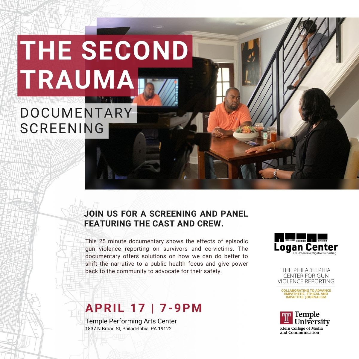 April 17, 7-9PM, join @PCGVR for a screening of 'The Second Trauma,' which shows the effects of gun violence reporting on our community & offers solutions to shift the narrative to a public health focus + advocate for community safety. Register 👉bit.ly/3TLegO8