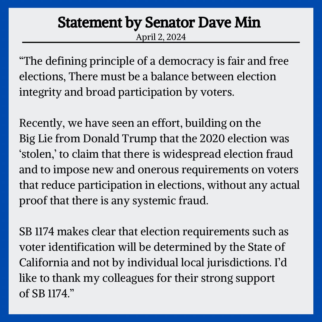 #SB1174, which makes clear that charter cities cannot try to impose their own voter ID laws under any circumstances, passed 6-1 out of the Senate Elections Committee. Read the full release here: sd37.senate.ca.gov/news/senator-m…