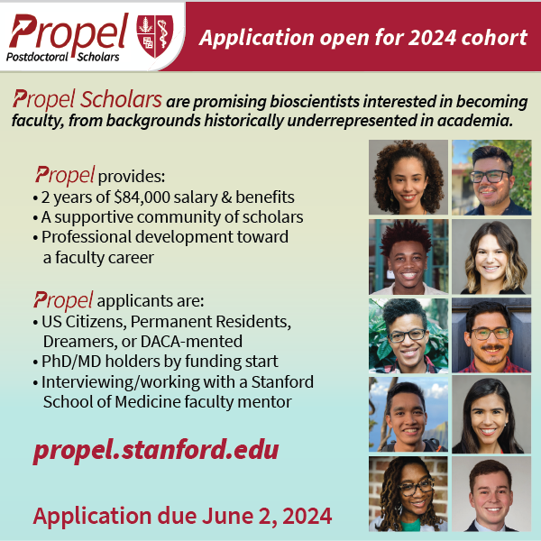 In case you missed it, the Propel Postdoctoral Scholars Program is currently accepting applications for the 2024 cohort! 💻🧪📊 Application link: propel.stanford.edu/apply/ #StanfordPropel | Empowering outstanding scientists, preparing future faculty leaders