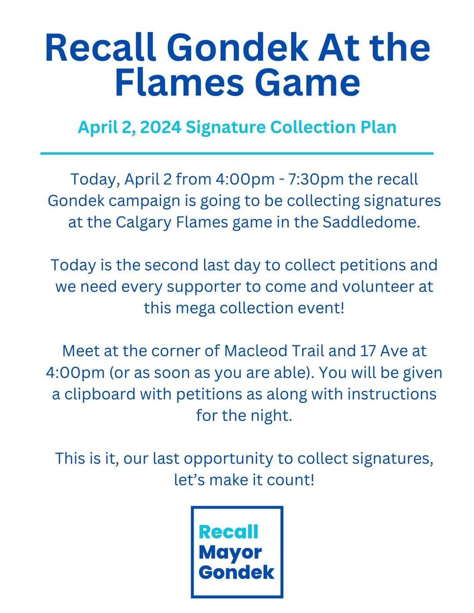 Tonight, from 4 pm - 7:30 pm, we will be outside the northwest corner of the Elbow River Casino. If you want to come volunteer we will be meeting at 4pm. One last push.