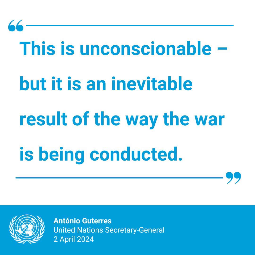 “This is unconscionable – but it is an inevitable result of the way the war is being conducted.” – @antonioguterres on airstrike that killed aid workers in Gaza. 196 humanitarians, including 175 UN staff members, have been killed since October. un.org/sg/en/content/…