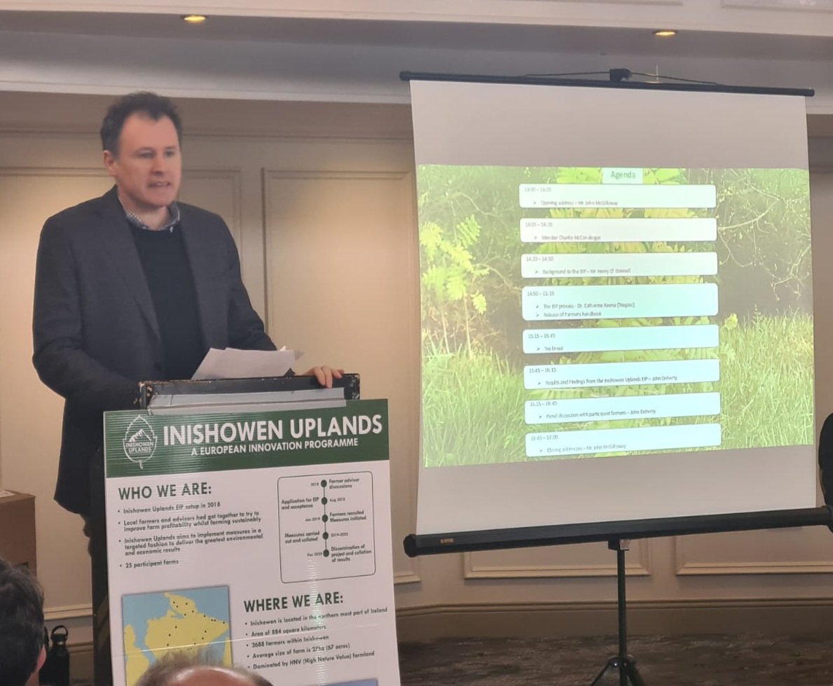 McConalogue's tweet image. It was a big day for the Inishowen Uplands European Innovation Partnership, which launched its farmers’ handbook in the Ballyliffin Hotel. Well done to everyone who played a part in the initiative, which has been such a positive development.
#inishowenuplandseip #DAFM #EIPAgri