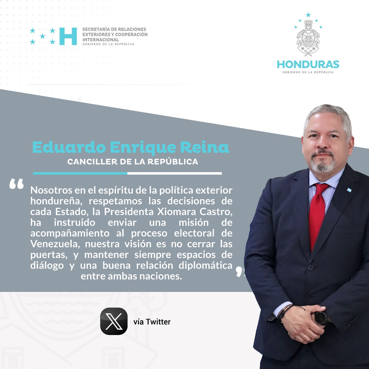 CancilleriaHN's tweet photo. 📢| En relación a las próximas elecciones presidenciales, en Venezuela, el Canciller @EnriqueReinaHN, manifestó, que la Política Exterior de la Presidenta Castro, es 
respetar el principio de la no intervención en asuntos internos y el derecho de cada país a definir su destino. https://t.co/VSWkAjWeKz