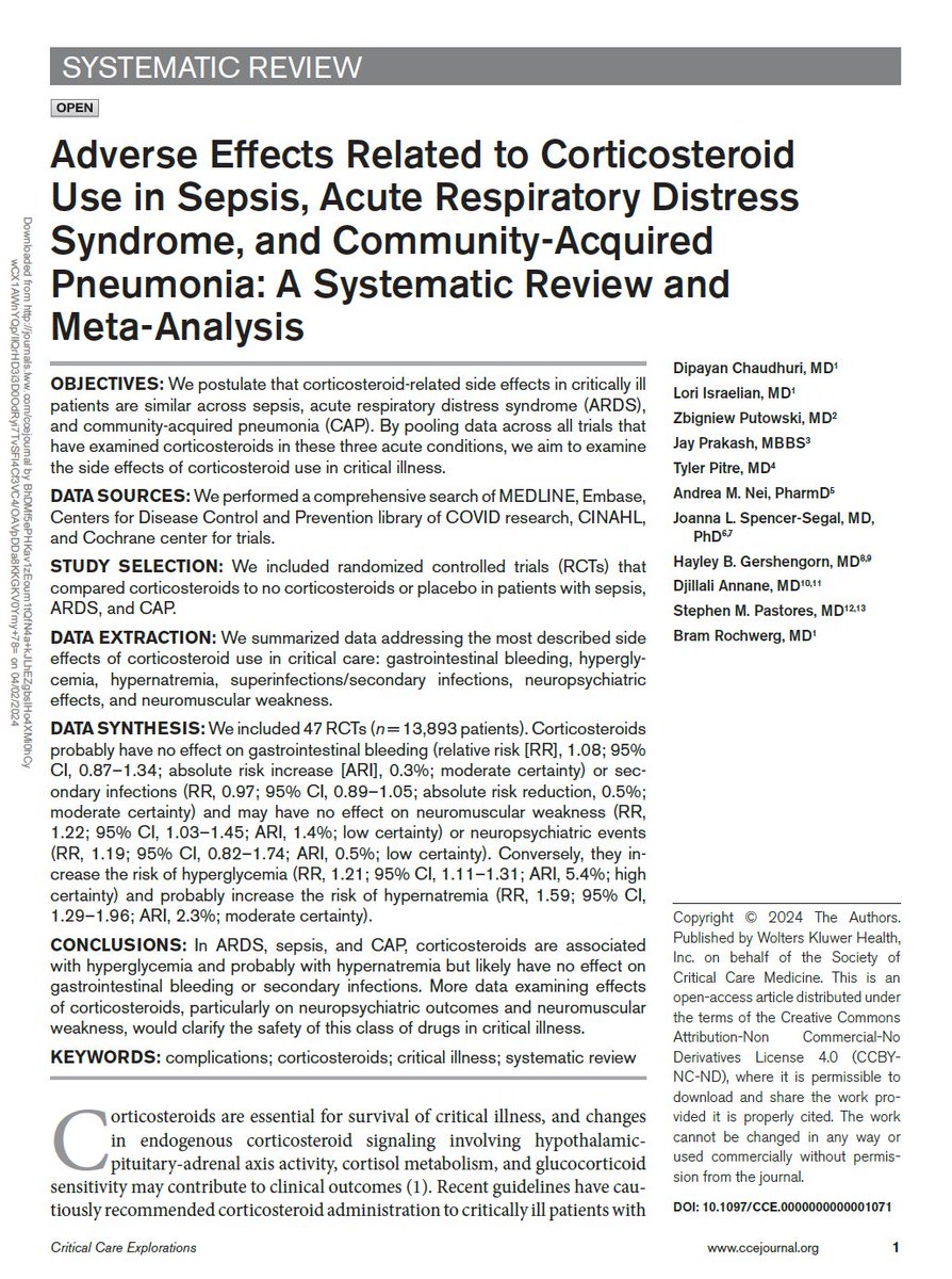 New study alert! 📢 We explores adverse events in corticosteroid use in ARDS, sepsis, and CAP. journals.lww.com/ccejournal/ful… #CriticalCare <a href="/Bram_Rochwerg/">Bram Rochwerg</a> <a href="/dipayan_c/">Dipayan Chaudhuri</a> <a href="/Dre_pharmd/">Andrea Nei</a>  <a href="/StephenPastores/">Stephen M Pastores</a> <a href="/UofT_DoM/">Department of Medicine University of Toronto</a> <a href="/MacDeptMed/">McMaster University Department of Medicine</a>