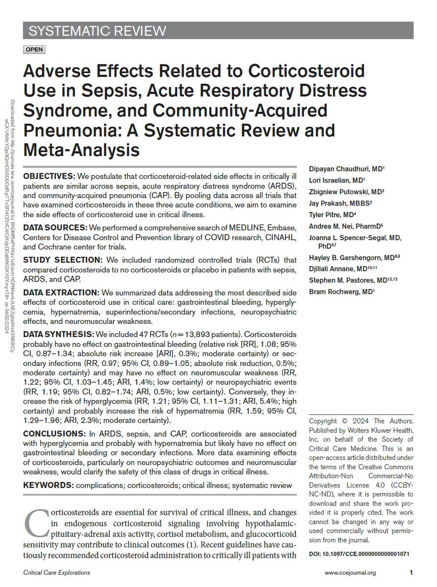 New study alert! 📢 We explores adverse events in corticosteroid use in ARDS, sepsis, and CAP. journals.lww.com/ccejournal/ful… #CriticalCare @Bram_Rochwerg @dipayan_c @Dre_pharmd  @StephenPastores @UofT_DoM @MacDeptMed