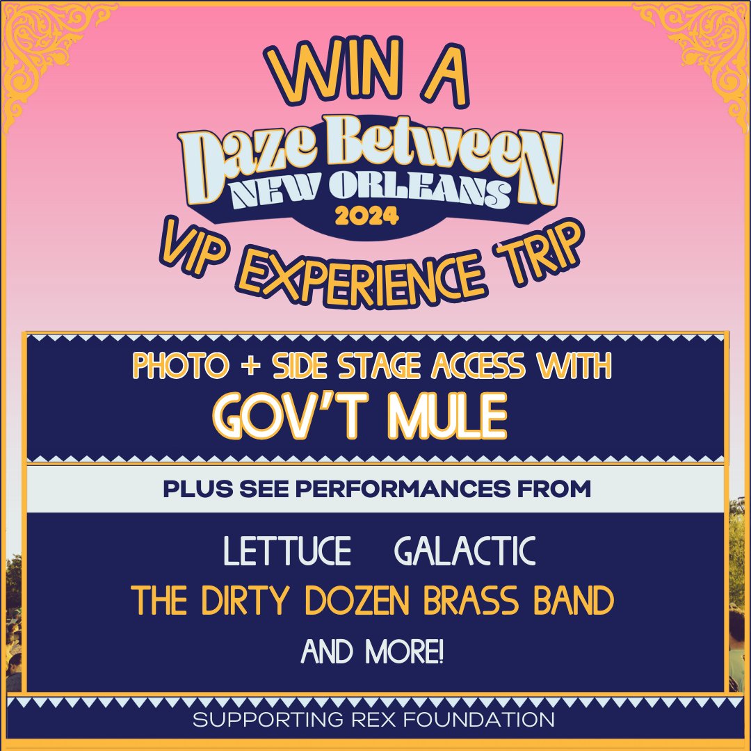 dazebetweennola (@dazebetweennola) on Twitter photo Win a VIP experience trip to Daze Between in NOLA and photo with <a href="/govtmuleband/">Gov't Mule</a>!
Donate now to win round trip travel, 3-night hotel, signed guitar, side stage access, after party tix and so much more!
Support the <a href="/RexFoundation/">RexFoundation</a> at: fandiem.com/dazebetween
<a href="/winwithfandiem/">Fandiem</a> Win a VIP experience trip to Daze Between in NOLA and photo with <a href="/govtmuleband/">Gov't Mule</a>!
Donate now to win round trip travel, 3-night hotel, signed guitar, side stage access, after party tix and so much more!
Support the <a href="/RexFoundation/">RexFoundation</a> at: fandiem.com/dazebetween
<a href="/winwithfandiem/">Fandiem</a>