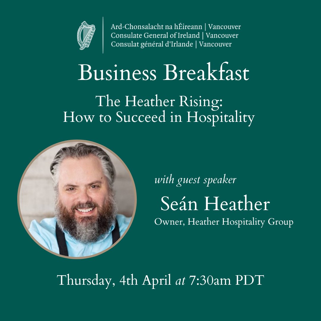 Last chance to register for our April Business Breakfast! Join us on Thursday 4th April where guest speaker, Seán Heather, will share his experiences in the hospitality industry over the past 27 years in Vancouver. Check out the link below to register: april-business-breakfast.eventbrite.ie