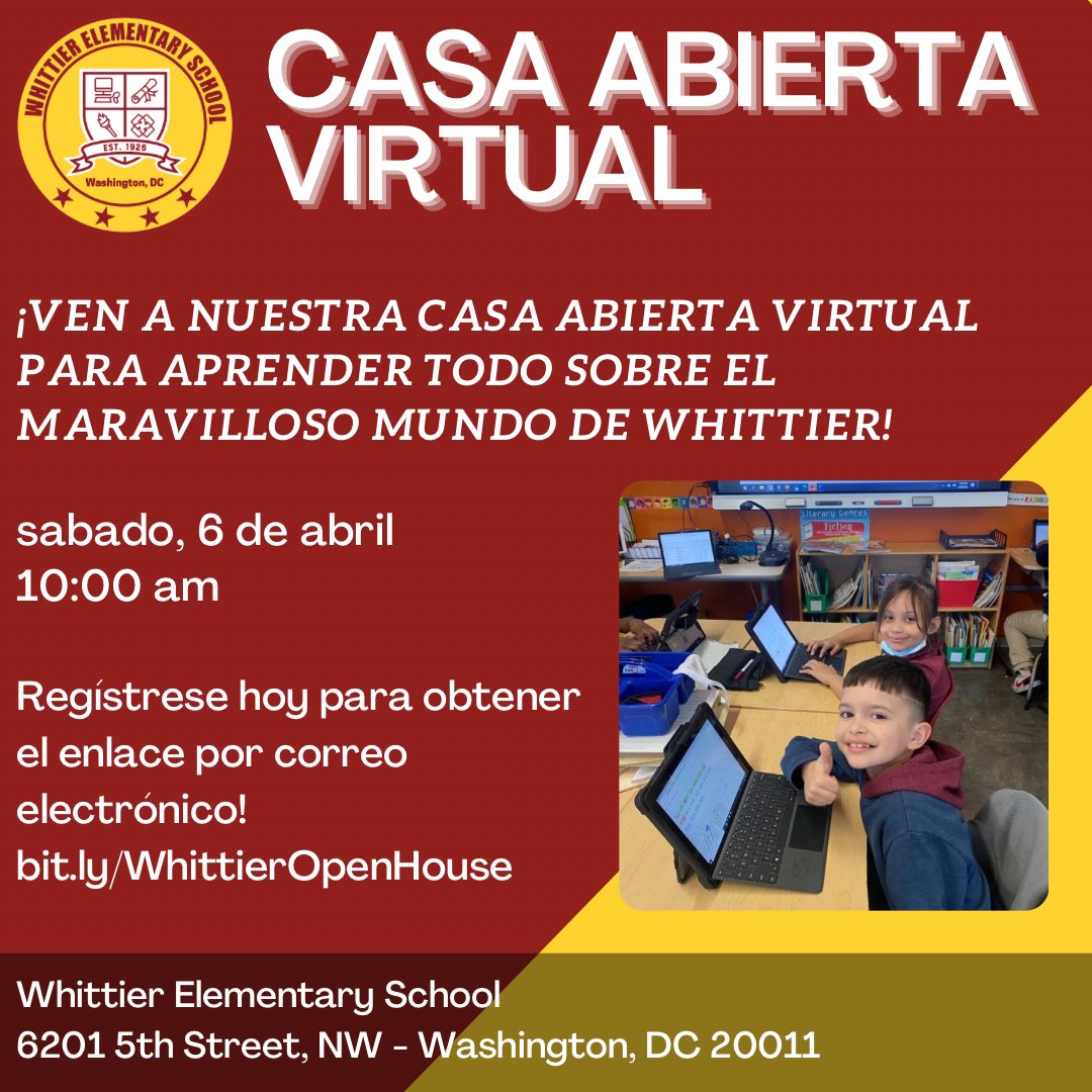 We have two Open Houses this week for prospective families to learn about Whittier! Please be sure to register at bit.ly/WhittierOpenHo…. For those interested in the virtual open house, we will send the link to the email you use to register. #TheWhittierWay #Ward4 #WeAreWhittier