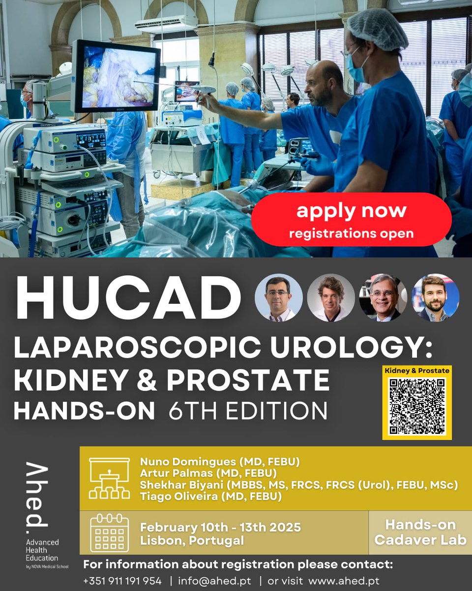 📢 Sign up NOW for the 6th Edition of the HUCAD Laparoscopic Urology: Kidney and Prostate Hands-on Course Secure your spot! ahed.pt/en/programmes/… @nunodomingues87 @shekharbiyani @Zondervan_AUMC @tiago_urology @d_veneziano @Uroweb @UrowebESU @apurologia