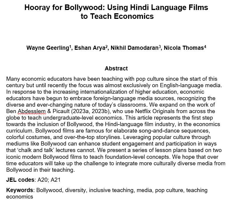 🚨New paper alert!🚨
When I think of 🇮🇳, 🏏 🍛 & Bollywood come to mind. My awesome team of co-authors @EshanSachinArya @nikhildamodaran Nicola Thomas & I have just published a paper on Bollywood that shows how we can use Hindi-language films to teach ECON #Bollywood #teachecon