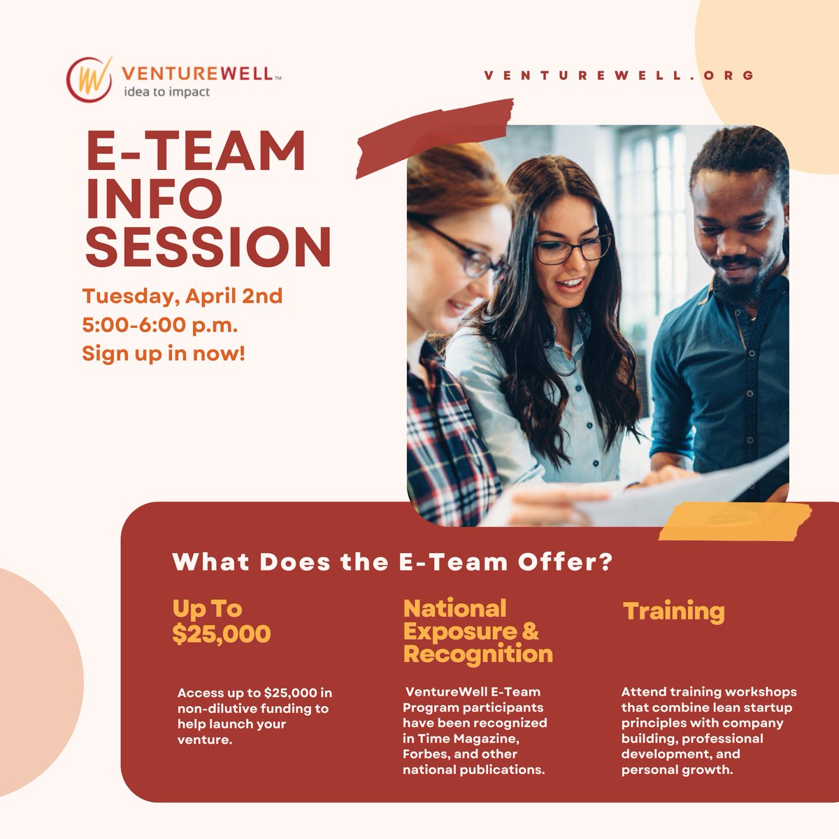 Interested in exploring a great program for invention with non-dilutive funding and expert mentorship? Its not too late to register for the E-team info session today at 5! SIGN UP NOW in our bio! #EteamProgram #VentureWell #Innovate #Umass