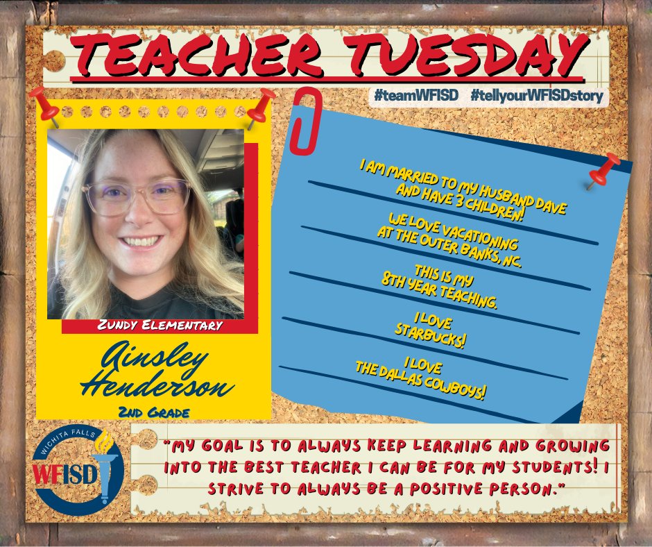 🍎✏️ It's Teacher Tuesday at Wichita Falls ISD! 🍎✏️ Today, we shine the spotlight on Ainsley Henderson, 2nd-grade teacher at Zundy Elementary! #teamWFISD #tellyourWFISDstory wfisd.net/about-wfisd/ne…