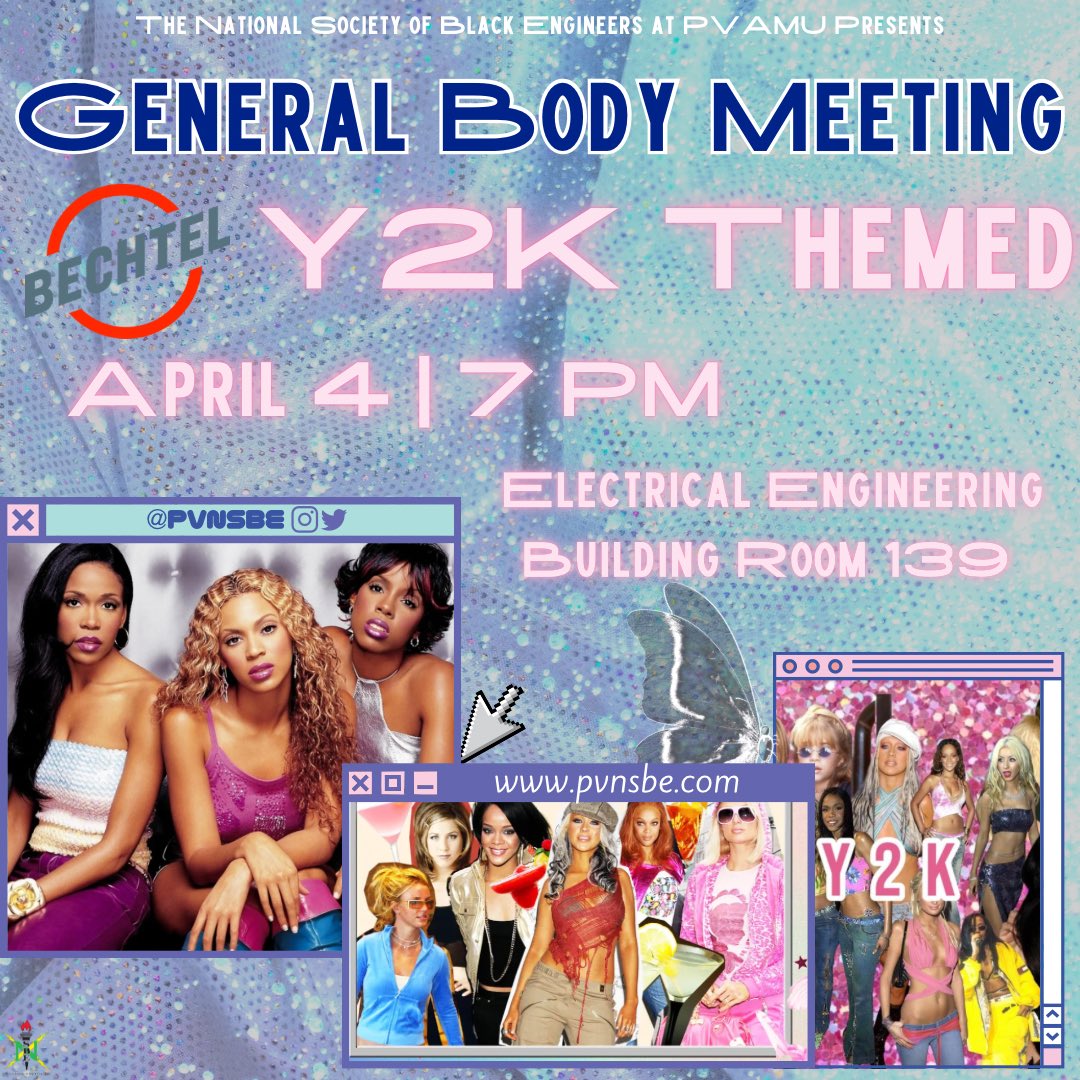 It’s that time again👀Our 3RD GBM of the Semester is finally here. The Theme is Y2K so drip or drown and DONT DROWN😉
THIS THURSDAY AT 7PM in EE RM 139🤩

#PVNSBE