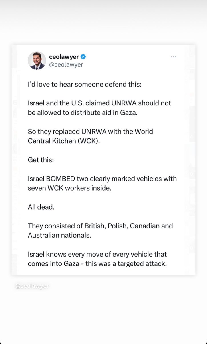 World Central Kitchen is an incredible organization. Israel murdered @WCKitchen relief workers. UNACCEPTABLE.