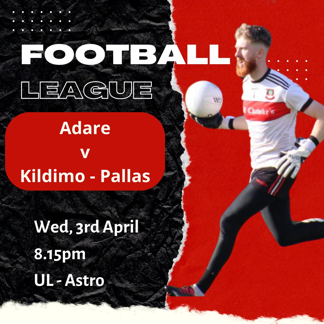 Our Senior Footballers are kicking off their season tomorrow evening in the West League🔴⚫️ 🆚️ Kildimo - Pallaskenry 📆 3rd April 📍 UL - Astro ⏰️ 8.15pm Àth Dara abú🔴⚫️