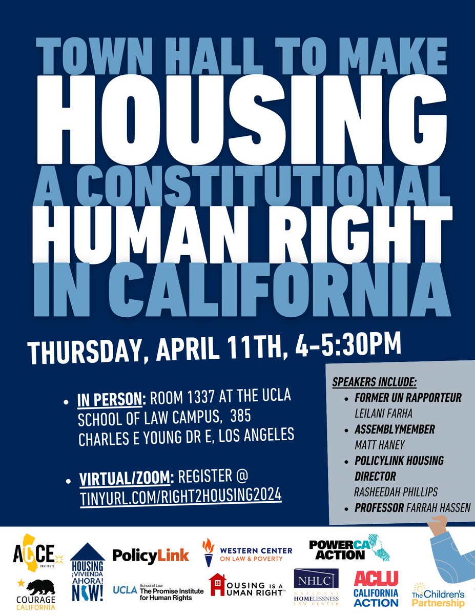 Save the date! Thursday, April 11, 4-5:30pm. Join the town hall on recognizing the human right to housing in #CA Featuring @leilanifarha, @AsmMattHaney, Policylink’s @RPhillipsBQF, and Professor Farrah Hassen. Register: ucla.zoom.us/meeting/regist… #HousingJustice #ACA10