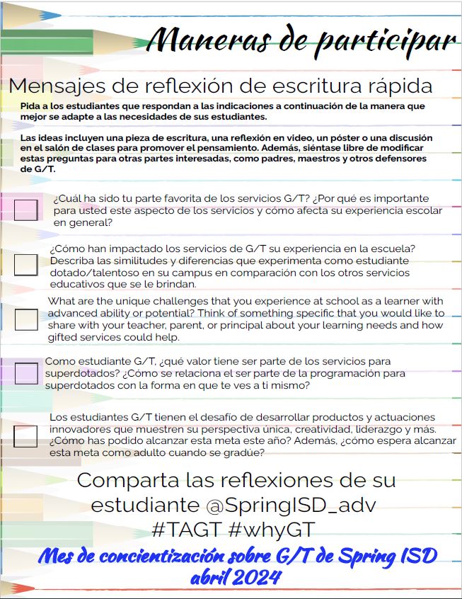 In Spring ISD we celebrate all month long! #whyGT #tagt #advancingSpring @TXGifted @SpringISD @SpringISD_AdvAc Check out the info below for how to get involved in our G/T Awareness Month 2024! @alellingson