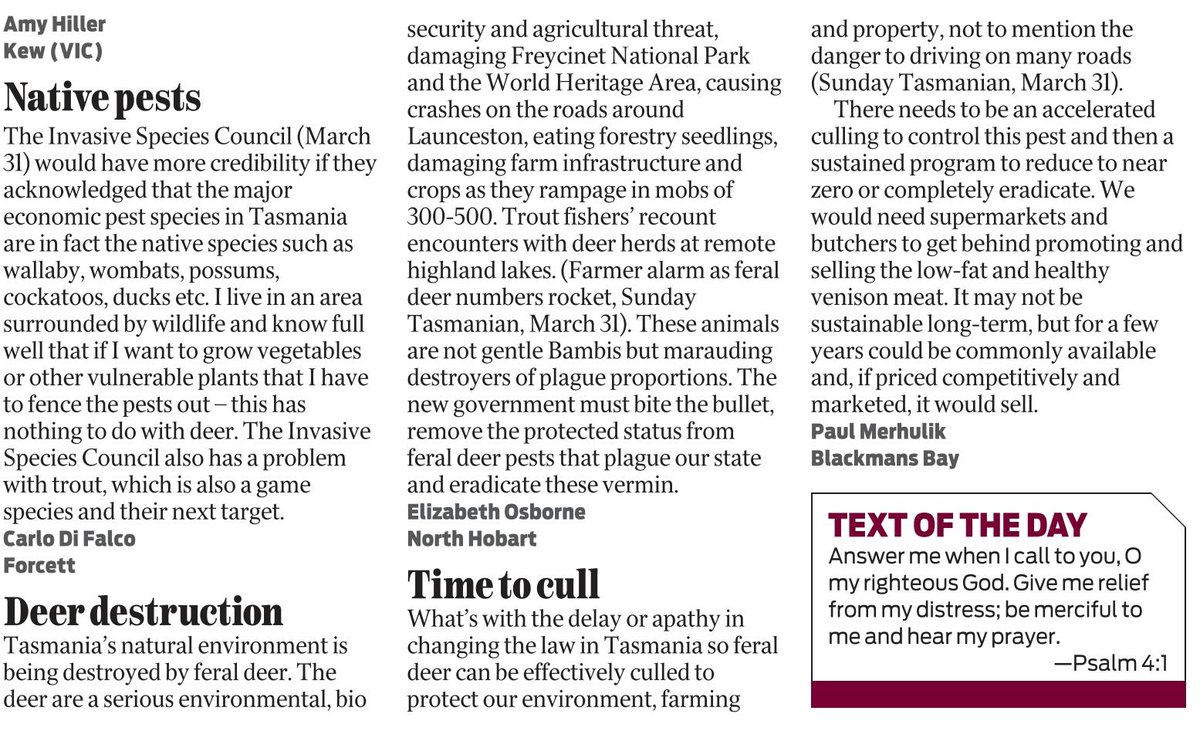 Some great letters in the Mercury today calling on the Tassie govt to overturn the law protecting feral deer & get on with culling them to protect Tassie environment, agriculture & road users. Oh, and another saying wombats are the real problem...🤔 @jeremyrockliff @JacquiLambie
