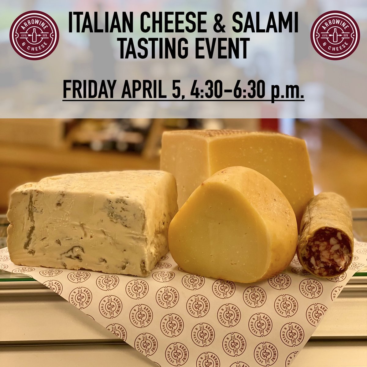 Join Arrowine on a voyage to Italy this Friday evening! Indulge in an aged treasure fit for royalty, a rustic sheep cheese with a special ingredient, a spoonable sweet treat, and a stellar handcrafted salami. Bring family, bring friends, discover your new cheesy obsession!