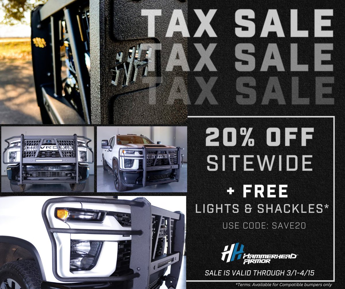 ArmorHammerhead's tweet photo. Embrace the shadows and conquer the road with Hammerhead Armor's TAX sale! 

20% off SITEWIDE + Lights &amp; shackles free with a compatible bumper purchase. 
Code: SAVE20. 

Shop now: https://t.co/d8i9aXW1oH https://t.co/2byMcYLPPf