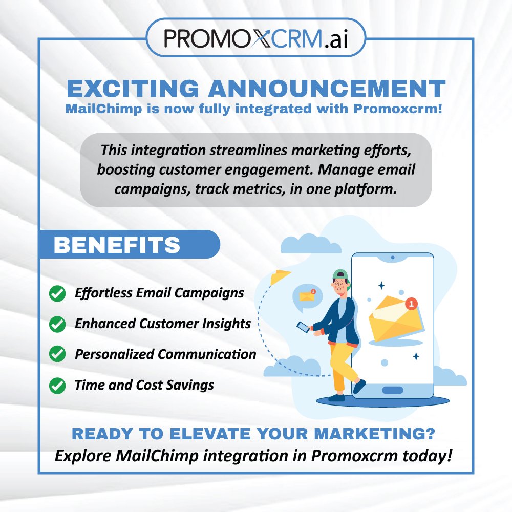 promoxcrm's tweet image. Get ready to revolutionize your marketing strategy! 🚀 Our new integration, MailChimp x Promoxcrm, is here to boost efficiency, amplify customer engagement and provide powerful insights. Let&apos;s get creative today! #MailChimpIntegration #Promoxcrm #MarketingAutomation