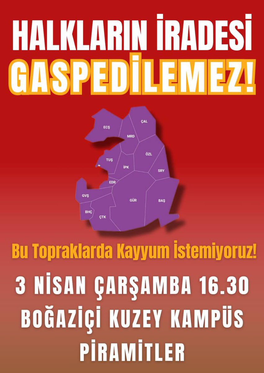 Boğaziçi Öğrenci Meclisi (@bounmeclis) on Twitter photo Van Büyükşehir Belediyesi Eş Başkanı seçilen DEM Partili Abdullah Zeydan ve Van halkının iradesini gasp etme girişiminden vazgeçilmelidir. 
“Boğaziçi’nden belediyelere, kayyumların karşısındayız” demek için 3 Nisan Çarşamba 16.30’da Kuzey Piramit’te buluşuyoruz! Van Büyükşehir Belediyesi Eş Başkanı seçilen DEM Partili Abdullah Zeydan ve Van halkının iradesini gasp etme girişiminden vazgeçilmelidir. 
“Boğaziçi’nden belediyelere, kayyumların karşısındayız” demek için 3 Nisan Çarşamba 16.30’da Kuzey Piramit’te buluşuyoruz!